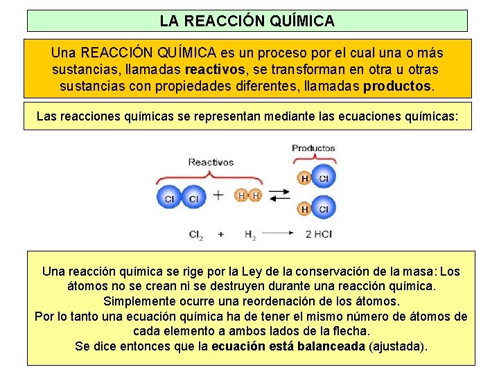 LA REACCIÓN QUÍMICA Una REACCIÓN QUÍMICA es un proceso por el cual una o