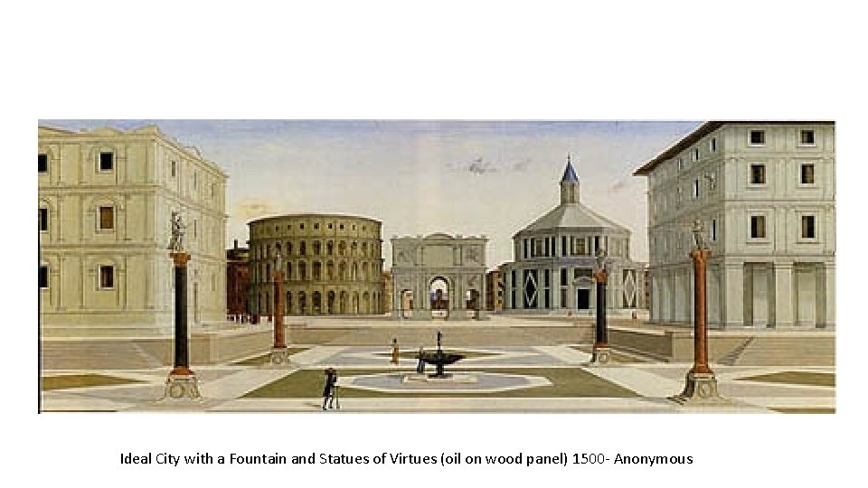 Ideal City with a Fountain and Statues of Virtues (oil on wood panel) 1500