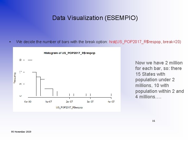 Data Visualization (ESEMPIO) • We decide the number of bars with the break option: