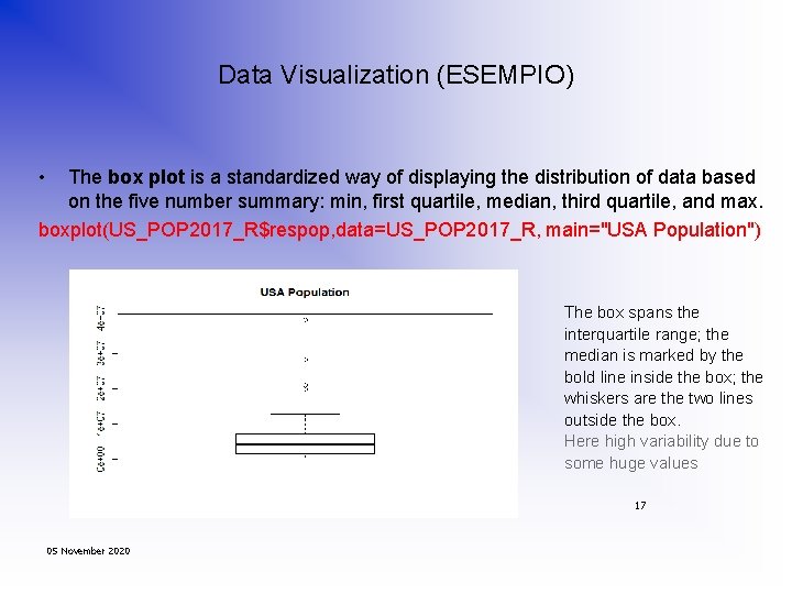 Data Visualization (ESEMPIO) • The box plot is a standardized way of displaying the