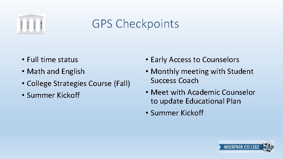 GPS Checkpoints • Full time status • Math and English • College Strategies Course