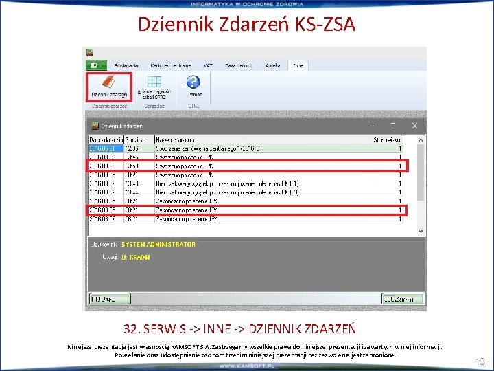 Dziennik Zdarzeń KS-ZSA 32. SERWIS -> INNE -> DZIENNIK ZDARZEŃ Niniejsza prezentacja jest własnością