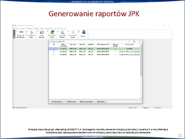 Generowanie raportów JPK Niniejsza prezentacja jest własnością KAMSOFT S. A. Zastrzegamy wszelkie prawa do