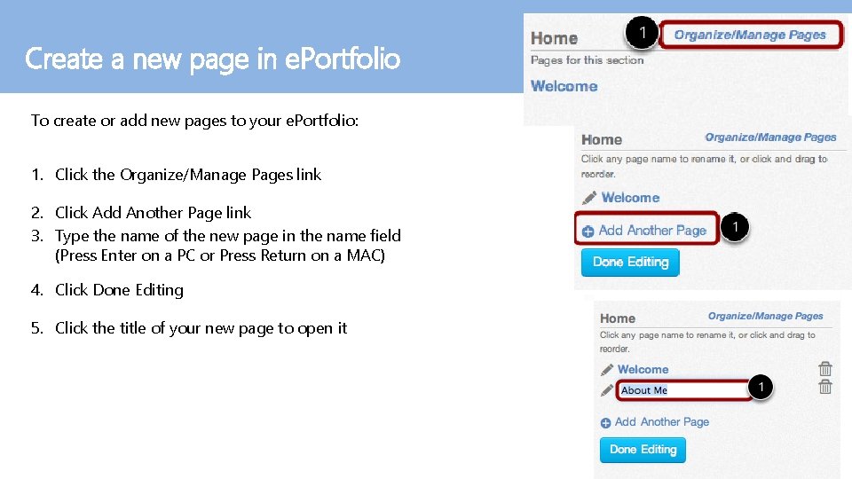 Create a new page in e. Portfolio To create or add new pages to