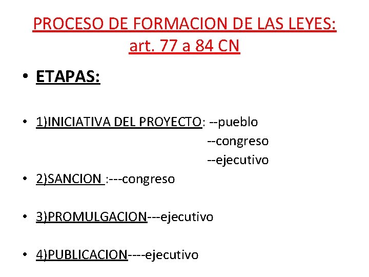 PROCESO DE FORMACION DE LAS LEYES: art. 77 a 84 CN • ETAPAS: • PROCESO DE FORMACION DE LAS LEYES: art. 77 a 84 CN • ETAPAS: •