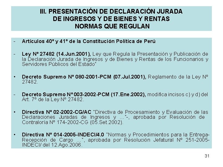 III. PRESENTACIÓN DE DECLARACIÓN JURADA DE INGRESOS Y DE BIENES Y RENTAS NORMAS QUE