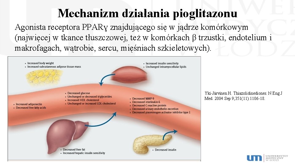 Mechanizm działania pioglitazonu Agonista receptora PPARɣ znajdującego się w jądrze komórkowym (najwięcej w tkance