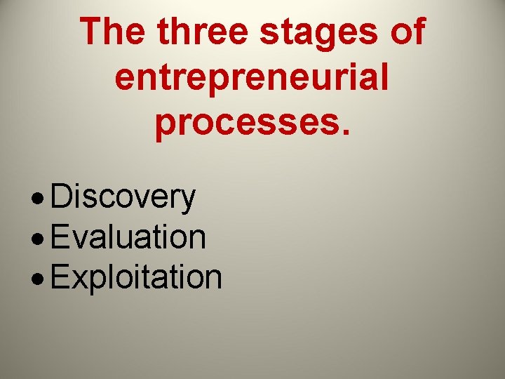 The three stages of entrepreneurial processes. Discovery Evaluation Exploitation 