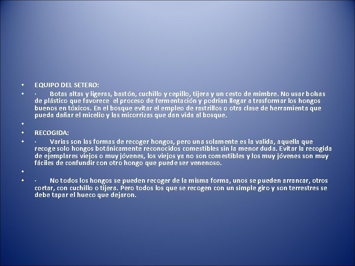 • • EQUIPO DEL SETERO: · Botas altas y ligeras, bastón, cuchillo y • • EQUIPO DEL SETERO: · Botas altas y ligeras, bastón, cuchillo y