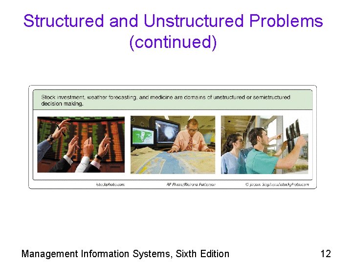 Structured and Unstructured Problems (continued) Management Information Systems, Sixth Edition 12 