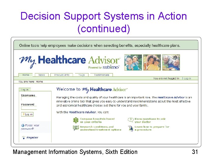 Decision Support Systems in Action (continued) Management Information Systems, Sixth Edition 31 