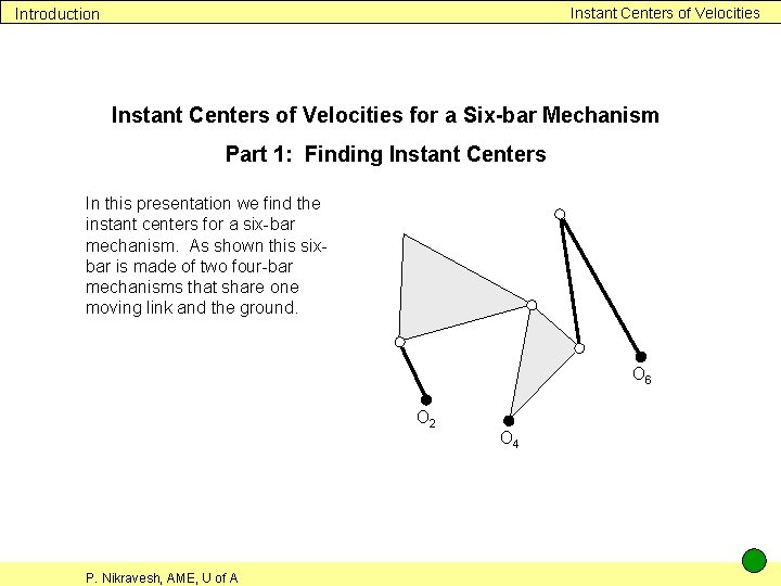 Instant Centers of Velocities Introduction Instant Centers of Velocities for a Six-bar Mechanism Part