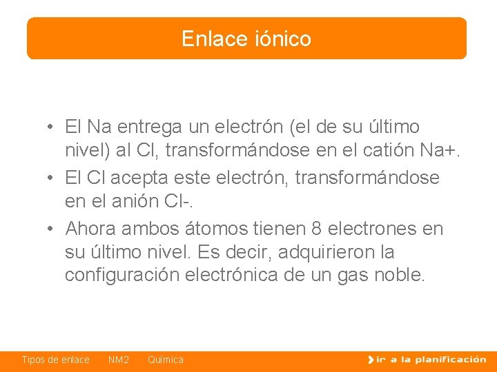 Enlace iónico • El Na entrega un electrón (el de su último nivel) al