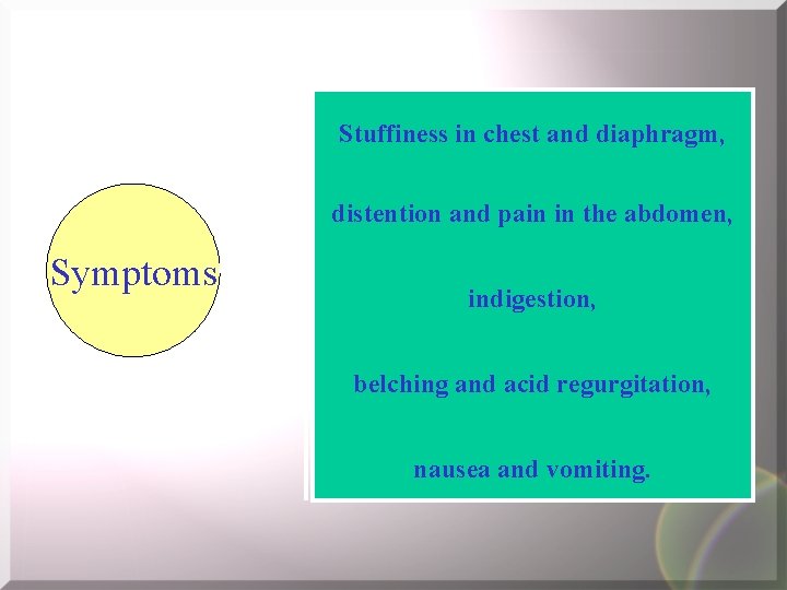 Stuffiness in chest and diaphragm, distention and pain in the abdomen, Symptoms indigestion, belching