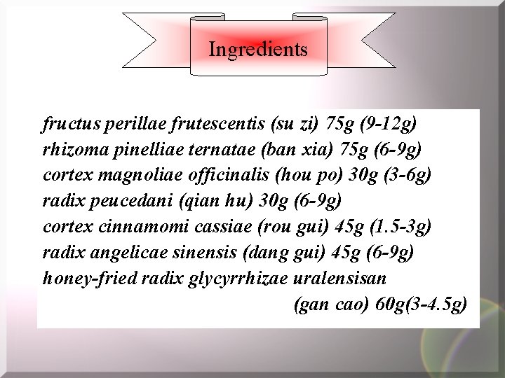 Ingredients fructus perillae frutescentis (su zi) 75 g (9 -12 g) rhizoma pinelliae ternatae