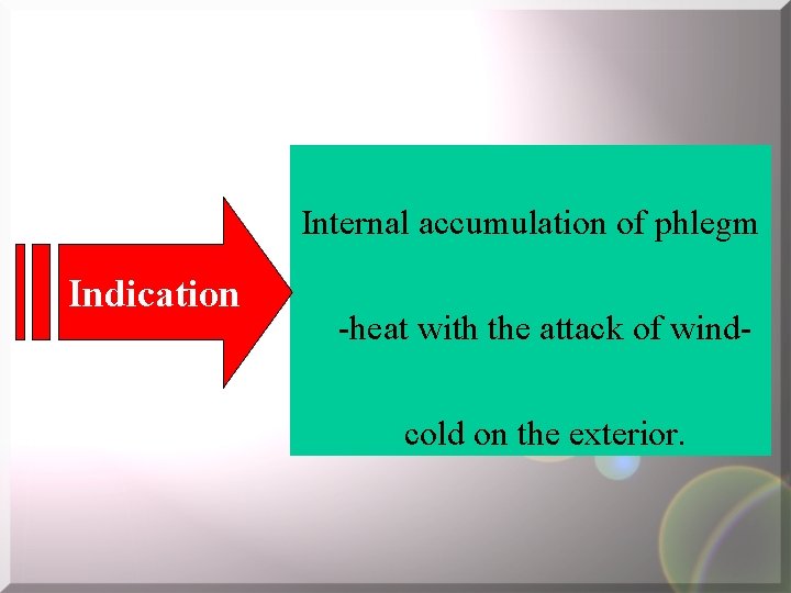 Internal accumulation of phlegm Indication -heat with the attack of windcold on the exterior.