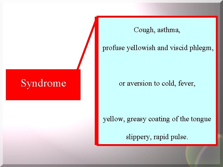 Cough, asthma, profuse yellowish and viscid phlegm, Syndrome or aversion to cold, fever, yellow,