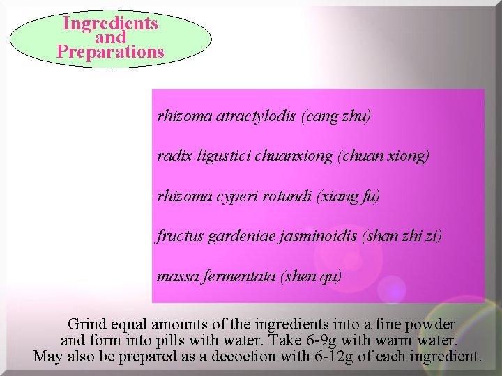 Ingredients and Preparations rhizoma atractylodis (cang zhu) radix ligustici chuanxiong (chuan xiong) rhizoma cyperi