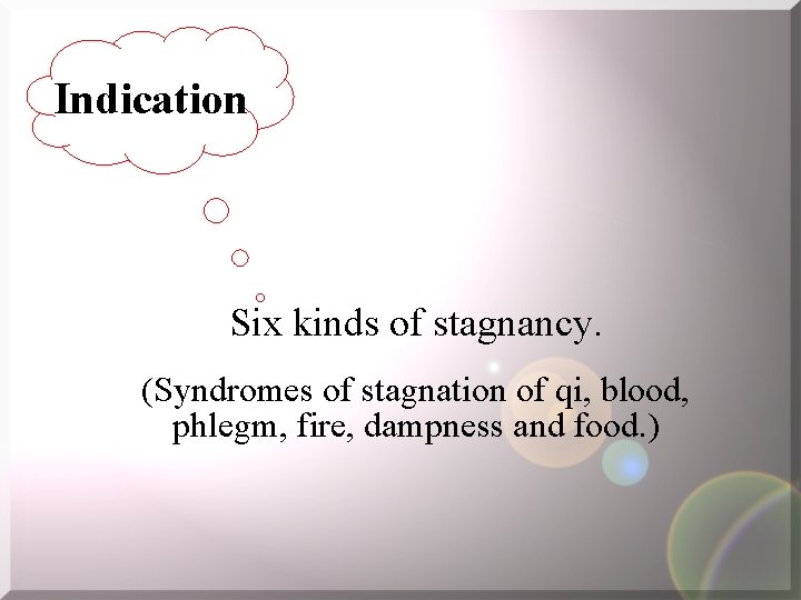 Indication Six kinds of stagnancy. (Syndromes of stagnation of qi, blood, phlegm, fire, dampness