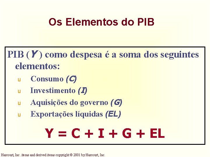 Os Elementos do PIB (Y ) como despesa é a soma dos seguintes elementos: Os Elementos do PIB (Y ) como despesa é a soma dos seguintes elementos: