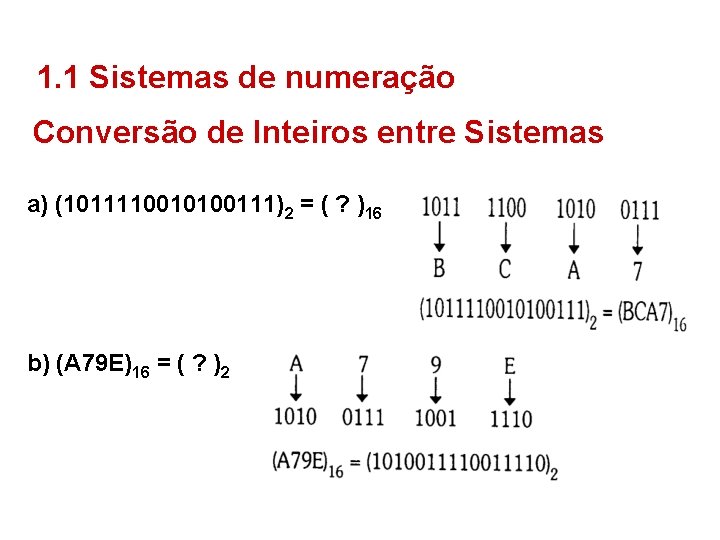 1. 1 Sistemas de numeração Conversão de Inteiros entre Sistemas a) (1011110010100111)2 = (