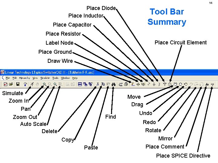 14 Place Diode Place Inductor Tool Bar Summary Place Capacitor Place Resistor Place Circuit