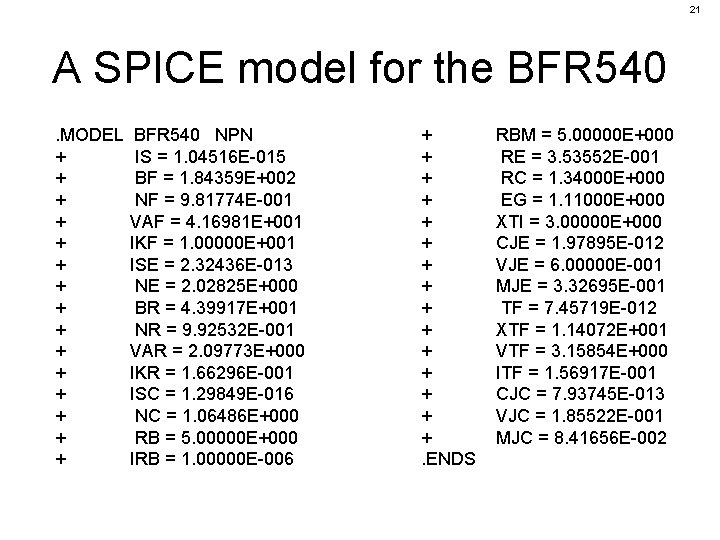 21 A SPICE model for the BFR 540. MODEL BFR 540 NPN + IS