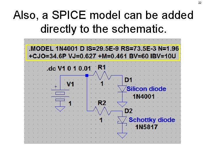 22 Also, a SPICE model can be added directly to the schematic. 