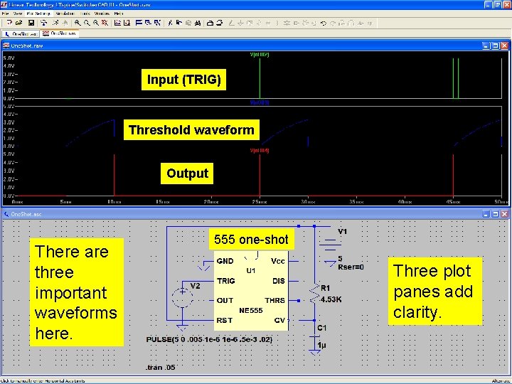 64 Input (TRIG) Threshold waveform Output There are three important waveforms here. 555 one-shot