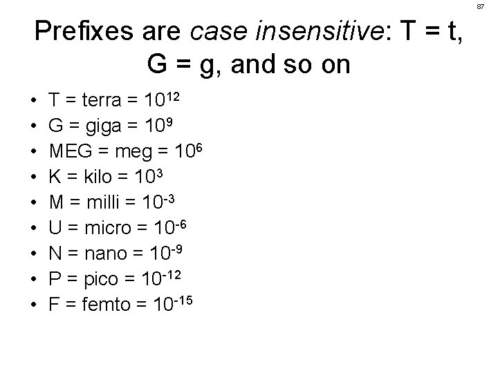 87 Prefixes are case insensitive: T = t, G = g, and so on