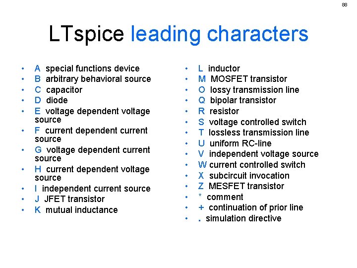 88 LTspice leading characters • • • A special functions device B arbitrary behavioral