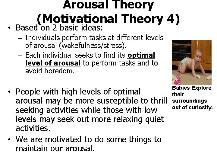 Arousal Theory (Motivational Theory 4) • Based on 2 basic ideas: – Individuals perform