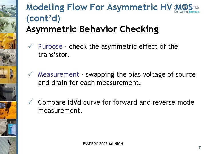 Modeling Flow For Asymmetric HV MOS (cont’d) Asymmetric Behavior Checking Delivering Success. ü Purpose