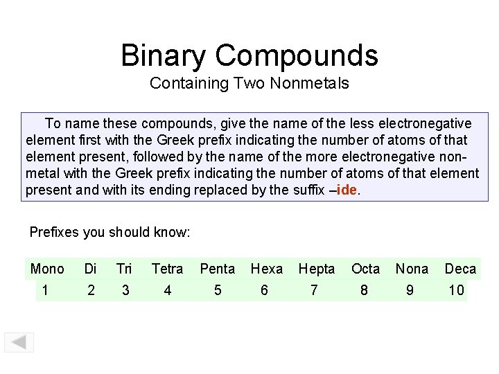 Binary Compounds Containing Two Nonmetals To name these compounds, give the name of the