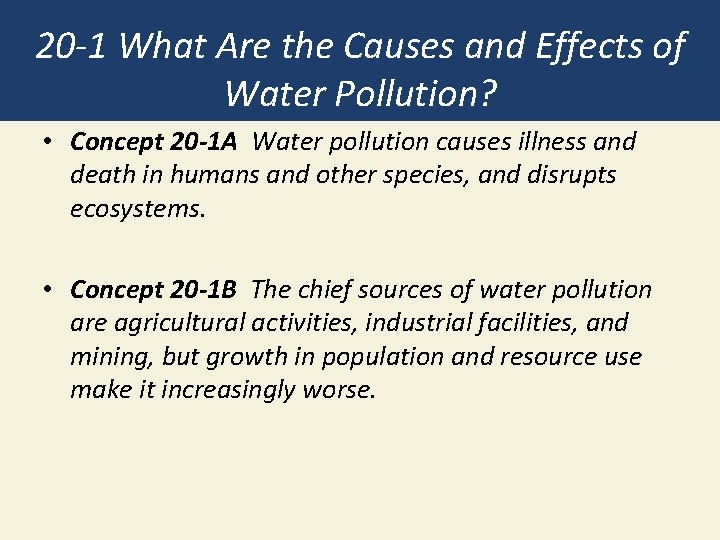 20 -1 What Are the Causes and Effects of Water Pollution? • Concept 20 20 -1 What Are the Causes and Effects of Water Pollution? • Concept 20