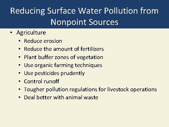 Reducing Surface Water Pollution from Nonpoint Sources • Agriculture • • Reduce erosion Reduce Reducing Surface Water Pollution from Nonpoint Sources • Agriculture • • Reduce erosion Reduce