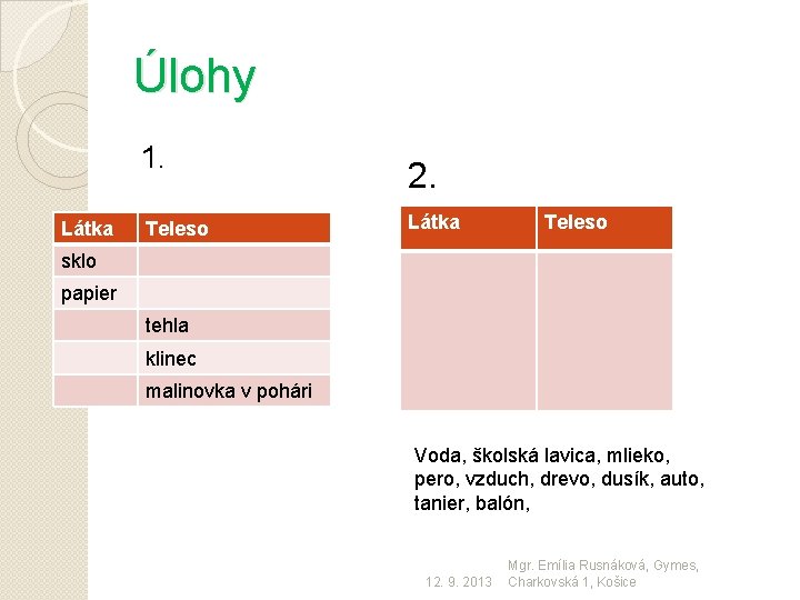 Úlohy 1. Látka Teleso 2. Látka Teleso sklo papier tehla klinec malinovka v pohári