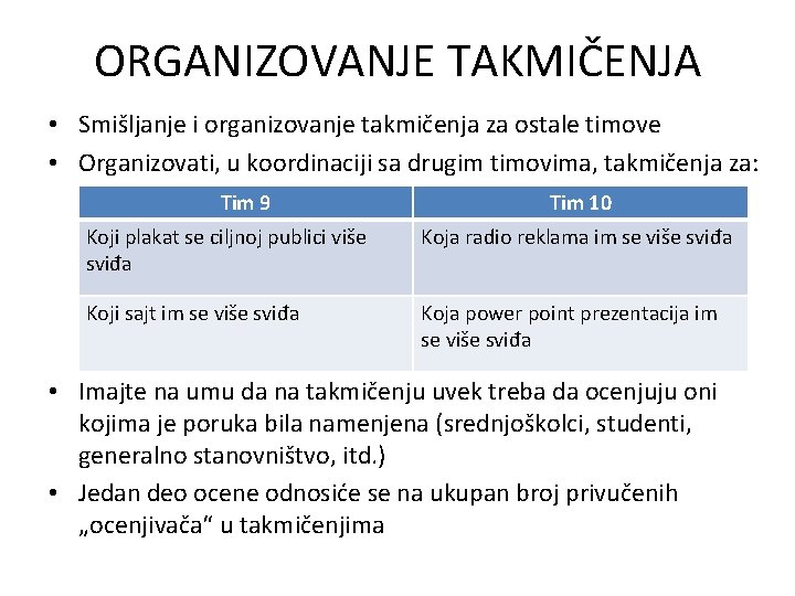 ORGANIZOVANJE TAKMIČENJA • Smišljanje i organizovanje takmičenja za ostale timove • Organizovati, u koordinaciji