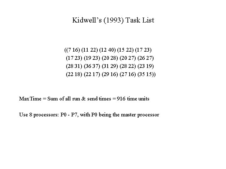 Kidwell’s (1993) Task List ((7 16) (11 22) (12 40) (15 22) (17 23)