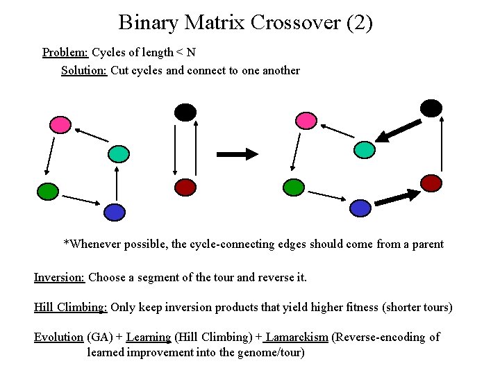 Binary Matrix Crossover (2) Problem: Cycles of length < N Solution: Cut cycles and