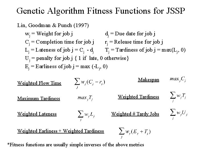 Genetic Algorithm Fitness Functions for JSSP Lin, Goodman & Punch (1997) wj = Weight