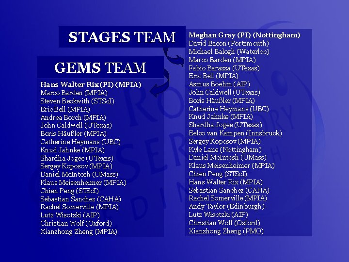 STAGES TEAM GEMS TEAM Hans Walter Rix (PI) (MPIA) Marco Barden (MPIA) Steven Beckwith