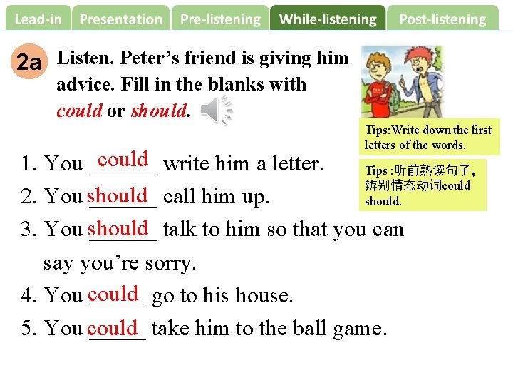 2 a Listen. Peter’s friend is giving him advice. Fill in the blanks with
