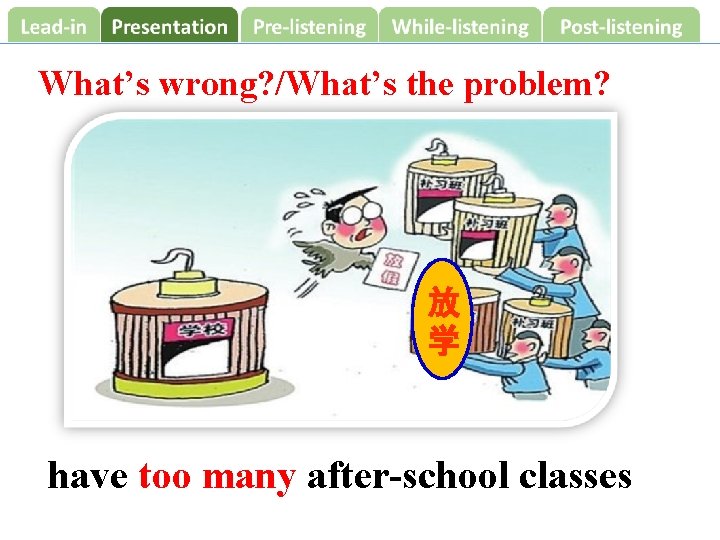 What’s wrong? /What’s the problem? 放 学 have too many after-school classes 