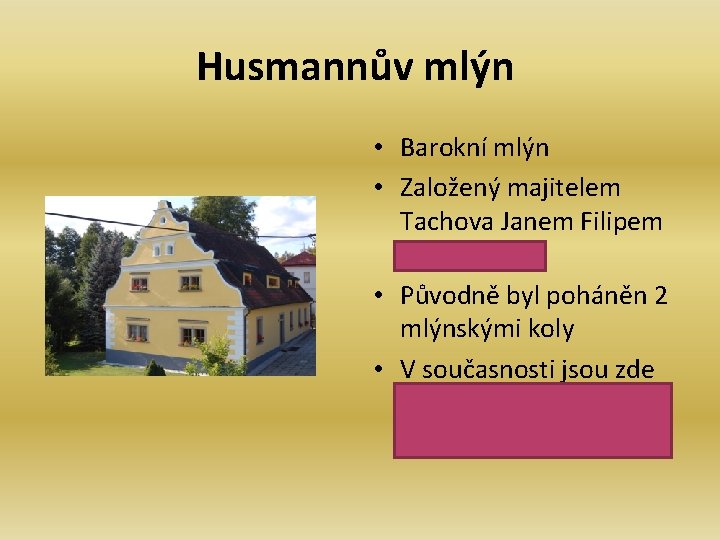 Husmannův mlýn • Barokní mlýn • Založený majitelem Tachova Janem Filipem Husmannem • Původně