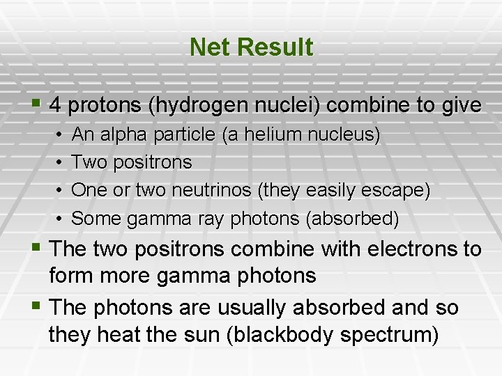 Net Result § 4 protons (hydrogen nuclei) combine to give • • An alpha