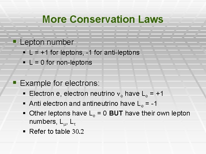 More Conservation Laws § Lepton number § L = +1 for leptons, -1 for