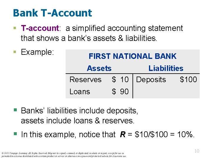 Bank T-Account § T-account: a simplified accounting statement that shows a bank’s assets &