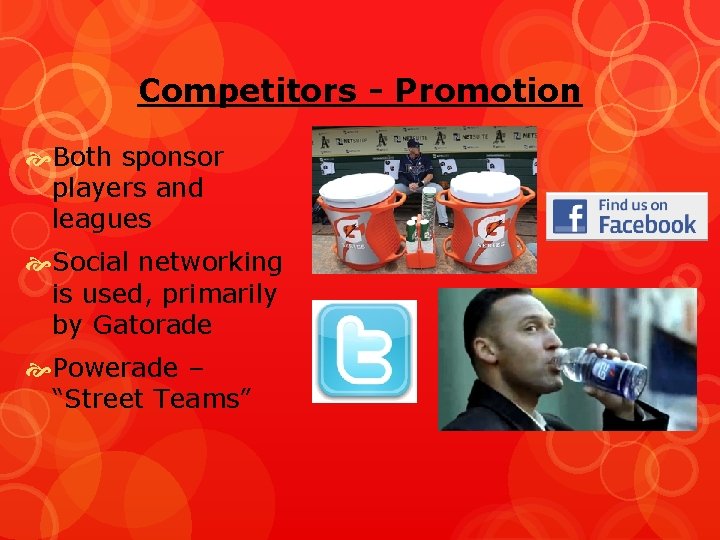 Competitors - Promotion Both sponsor players and leagues Social networking is used, primarily by