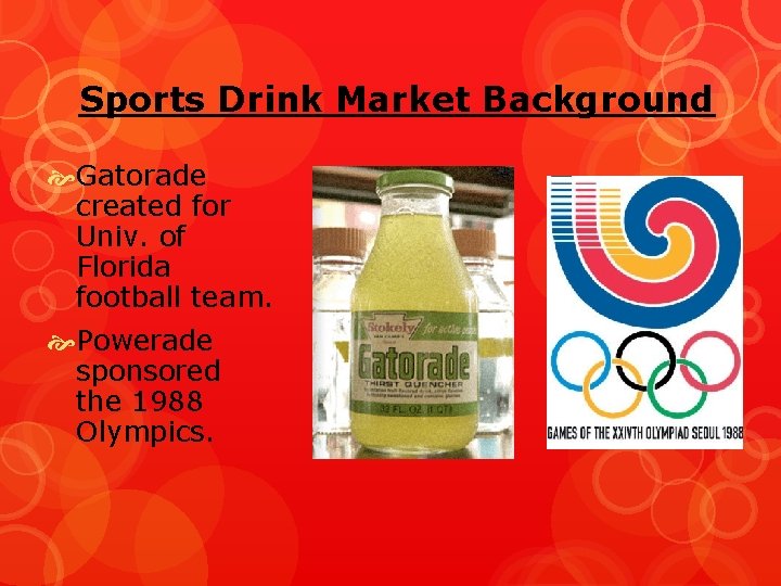 Sports Drink Market Background Gatorade created for Univ. of Florida football team. Powerade sponsored
